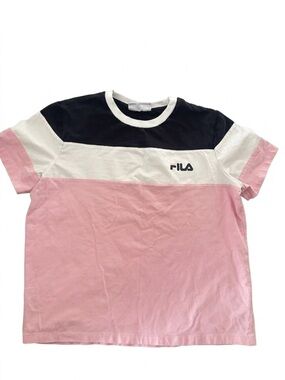 🔥2/$15 FILA Colorblock Black, White & Pink Crew Sport Athleisure Tee Jersey Chic
